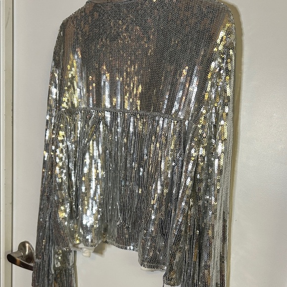 Silver Sequin Fringe Jacket – Cropped Disco / Festival Statement Piece - Picture 8 of 12